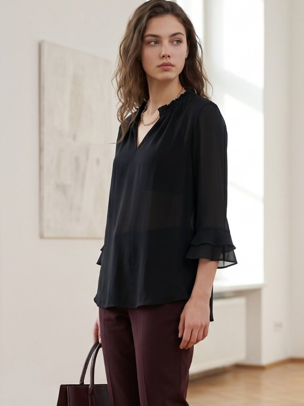 NWT Maurices Black Semi-sheer 3/4 Sleeve Popover V-neck Blouse w/Ruffle Trim